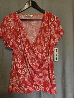 Nygard Red Geometric Surplice Short-Sleeve Blouse